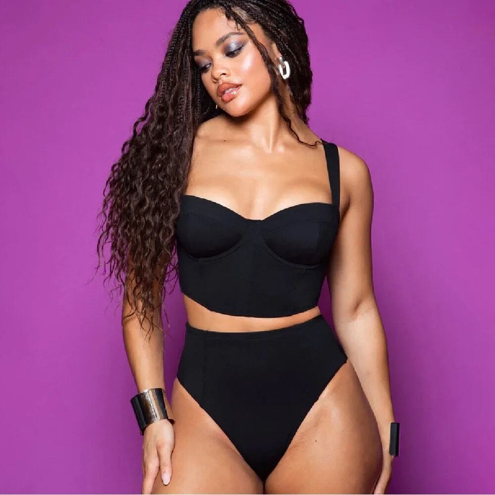 TA3 Kini Hi Cut Bikini Bottom Black High Waist Shaping Smoothing SZ L NWOT